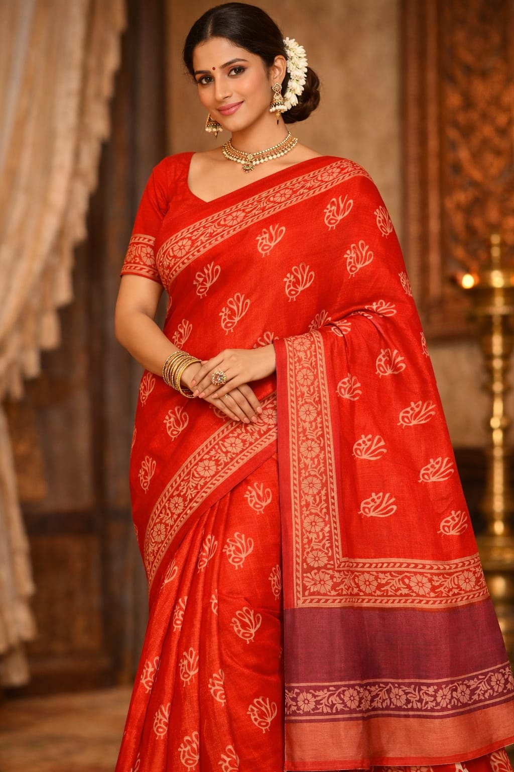 Red Linen Saree with Running Blouse