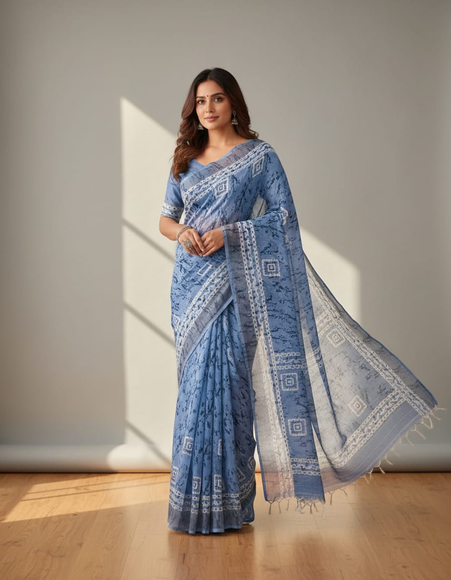 Blue Linen Saree with Running Blouse