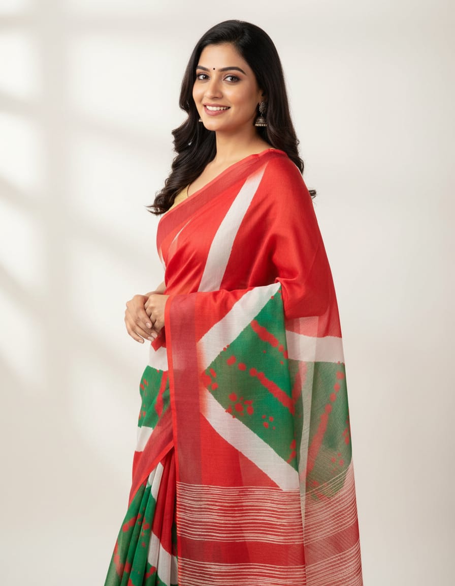 Red & Green Linen Saree with Running Blouse