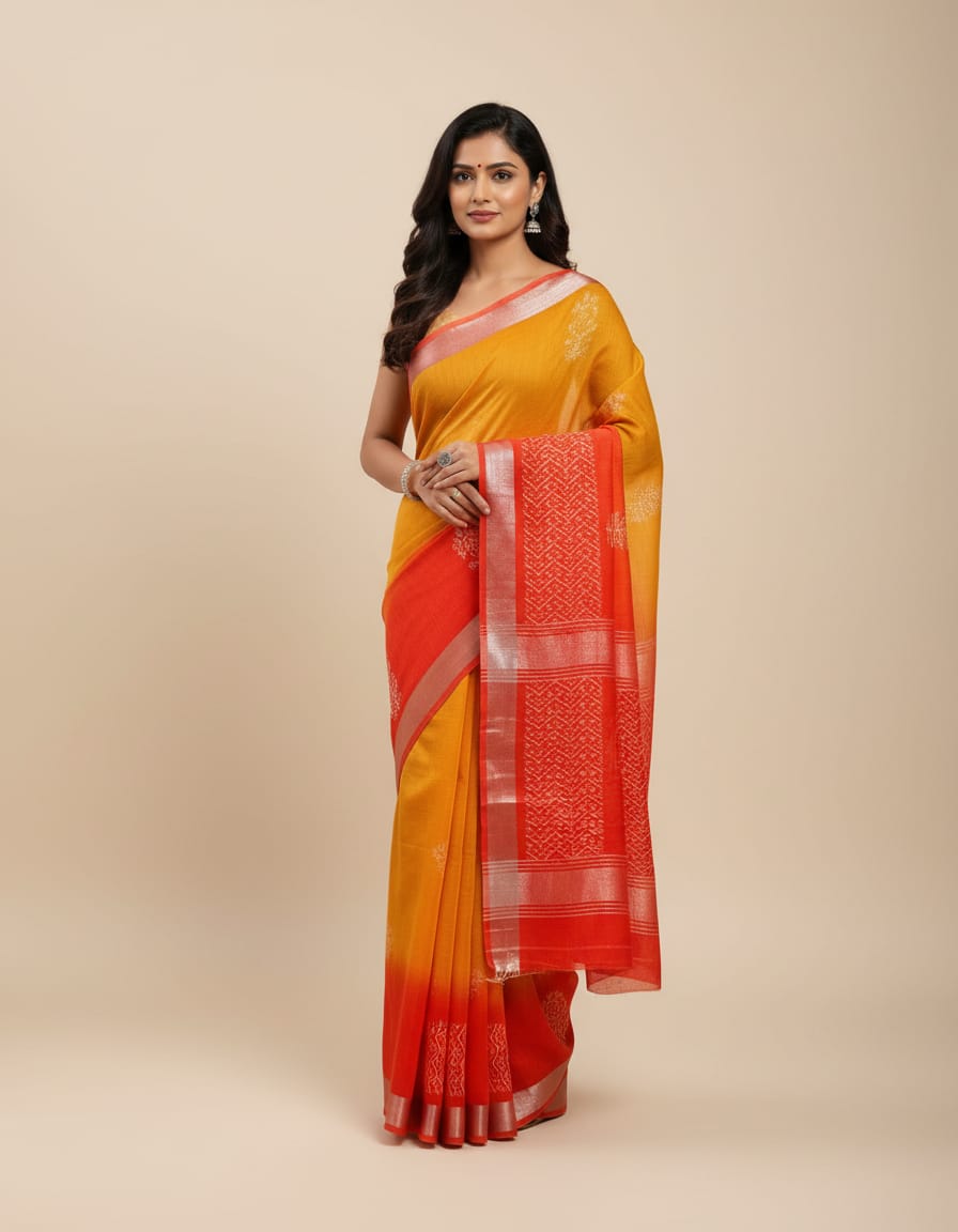 Yellow & Red Linen Saree with Running Blouse