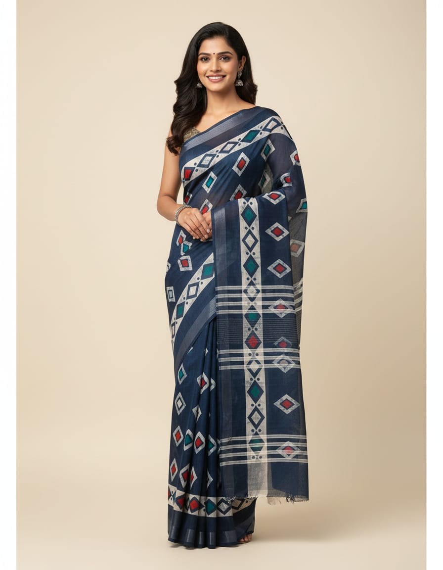 Blue Linen Cotton Saree with Running Blouse