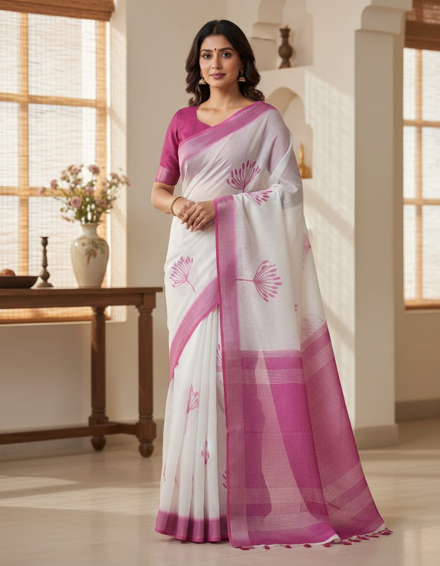 White Linen Cotton Saree with Pink Border & Running Blouse