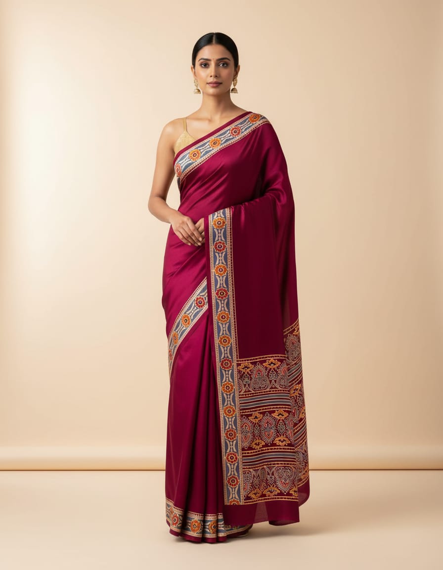 Maroon Satin Silk Saree with Running Blouse